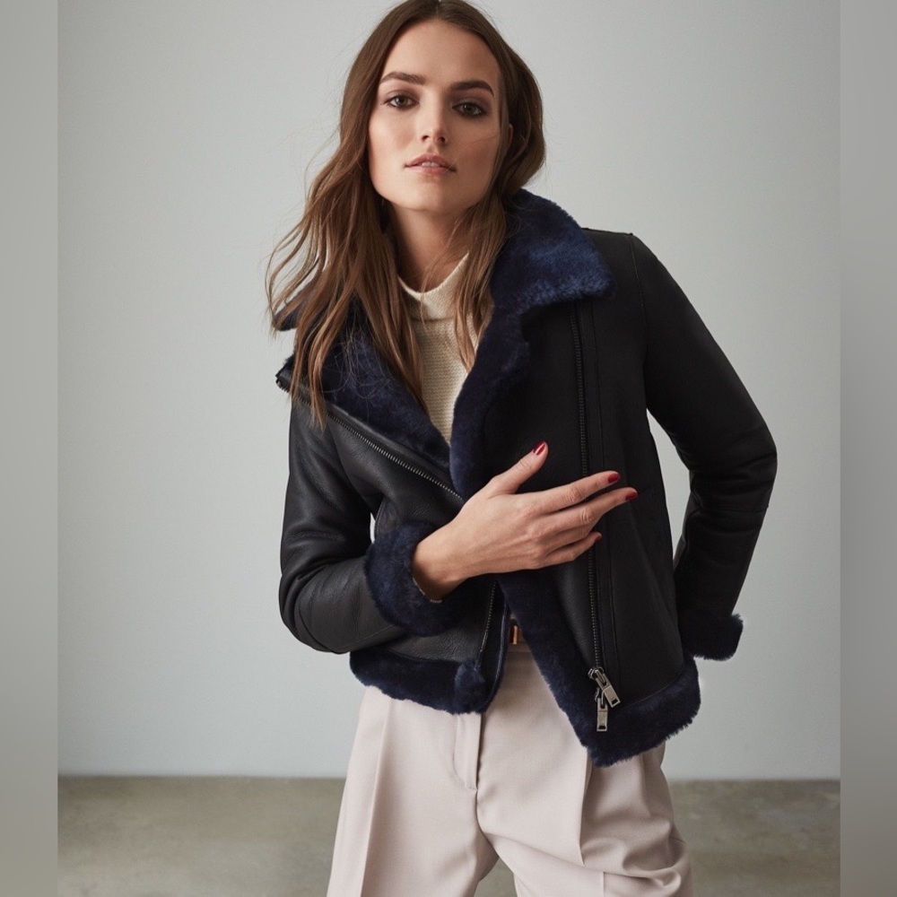 Reiss Daisy Aviator leather shearling jacket XS